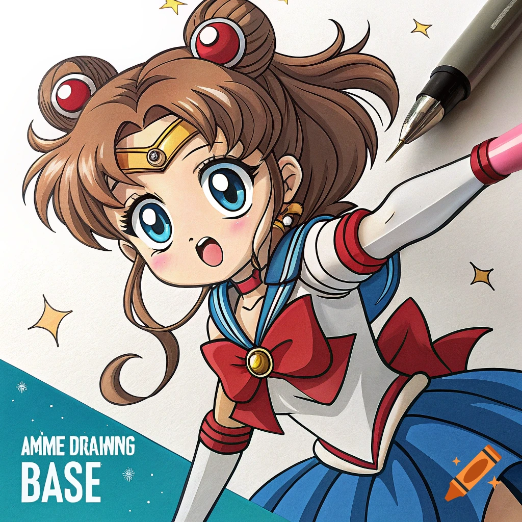 Anime illustration of a character in a sailor uniform looking surprised, with a pencil and pen.