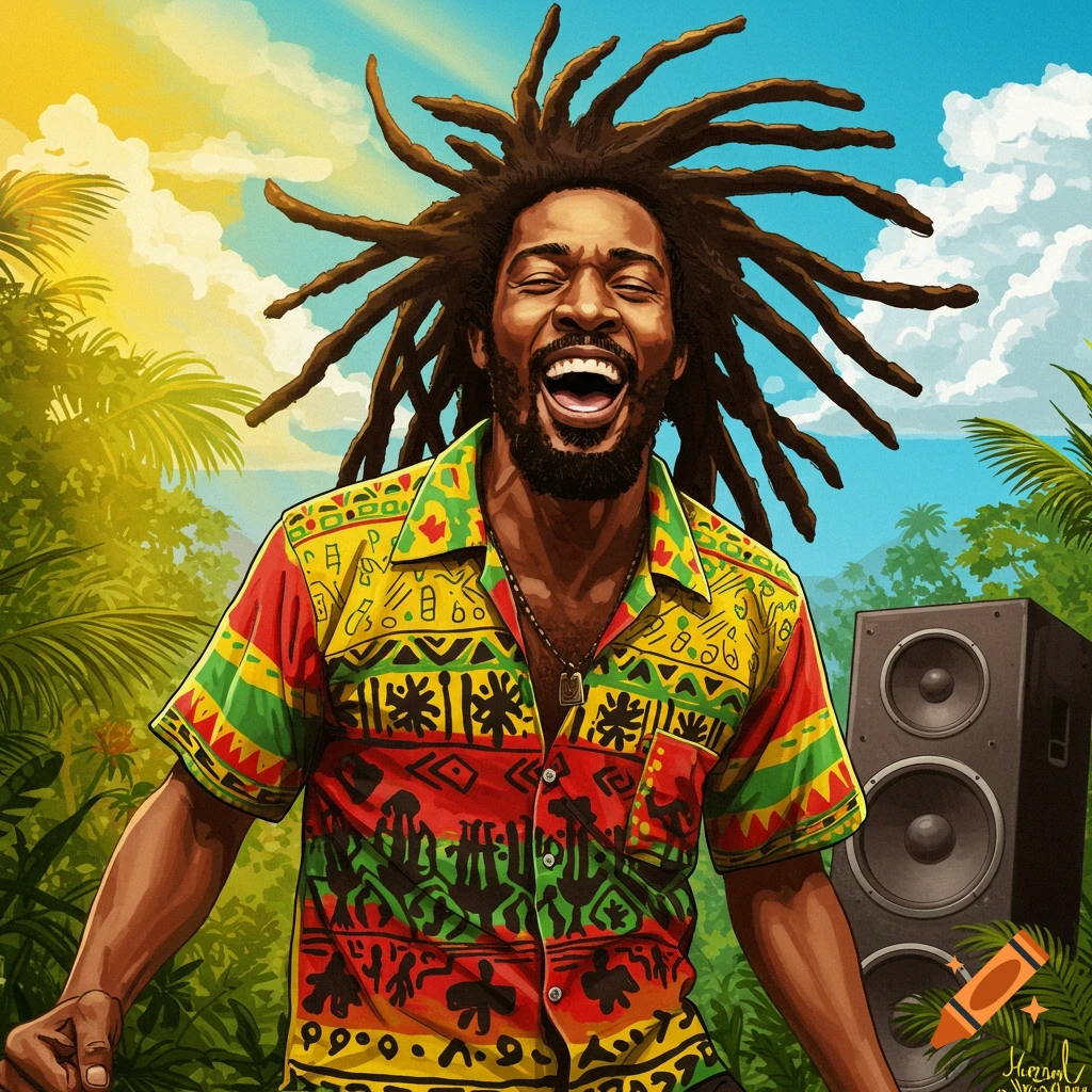 A man with dreadlocks smiles and laughs while wearing a colorful reggae shirt in a tropical setting.