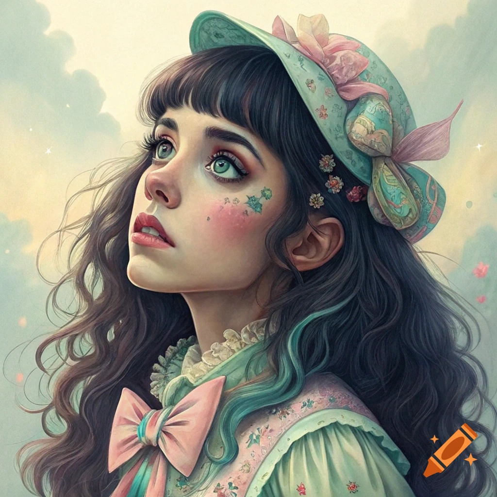 Stylized digital portrait of a young woman in a decorative hat looking up at the sky.