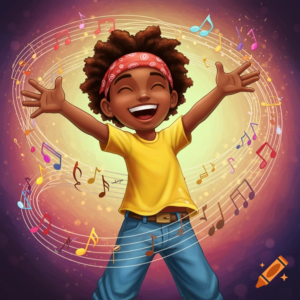 Cartoon illustration of a joyful boy with arms wide, surrounded by swirling musical notes