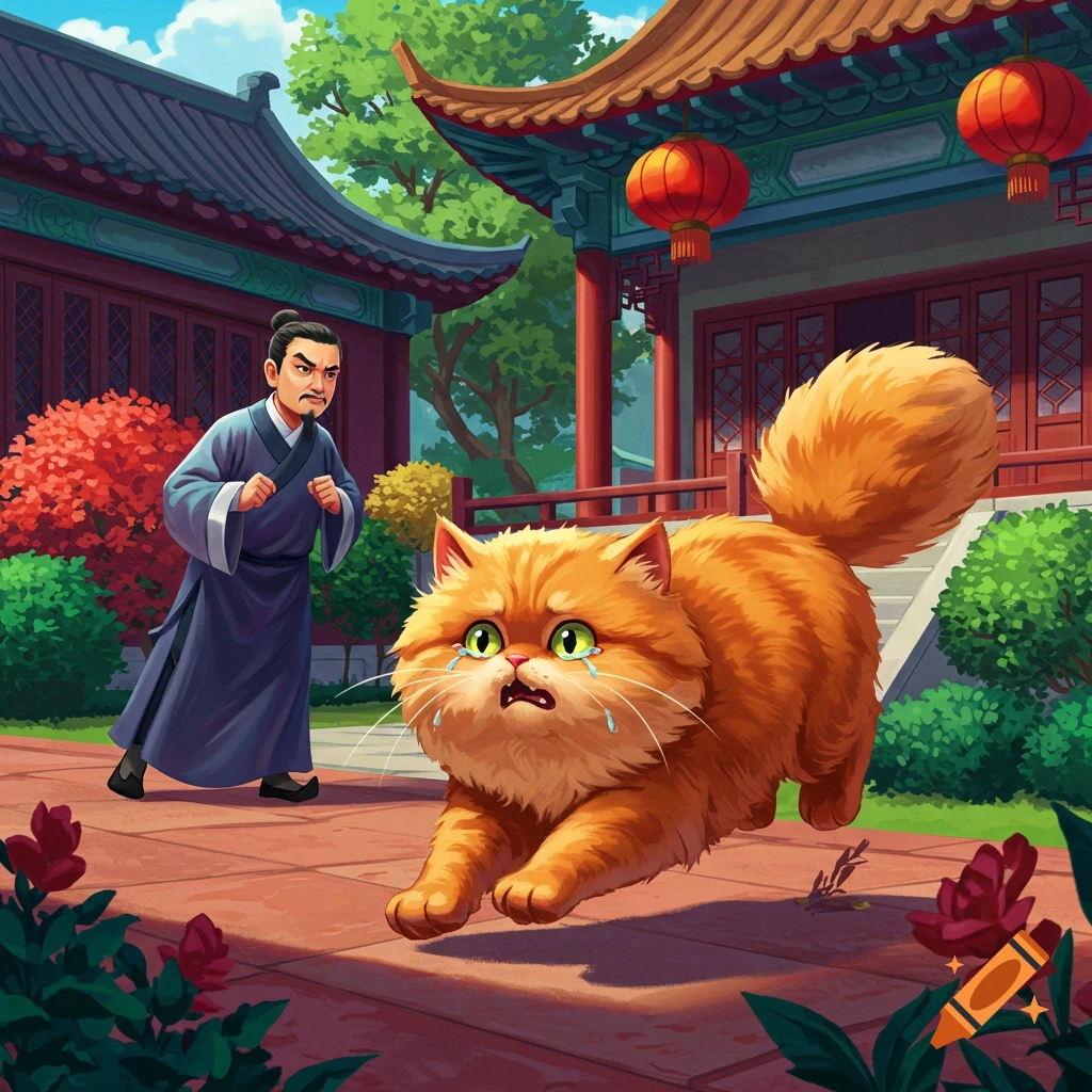 A large, crying orange cat is running from a Chinese man in a Chinese courtyard.