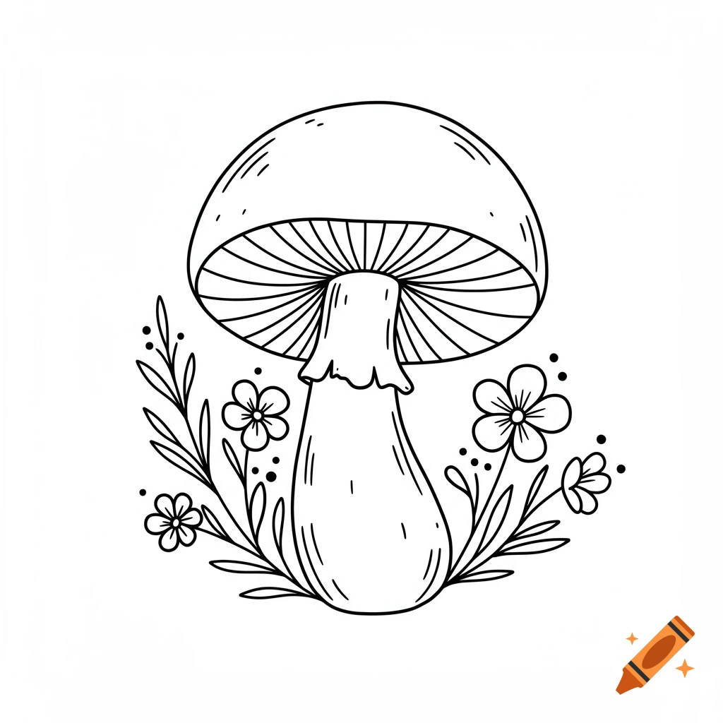 A black line drawing of a mushroom surrounded by flowers and dots in a simplified style.