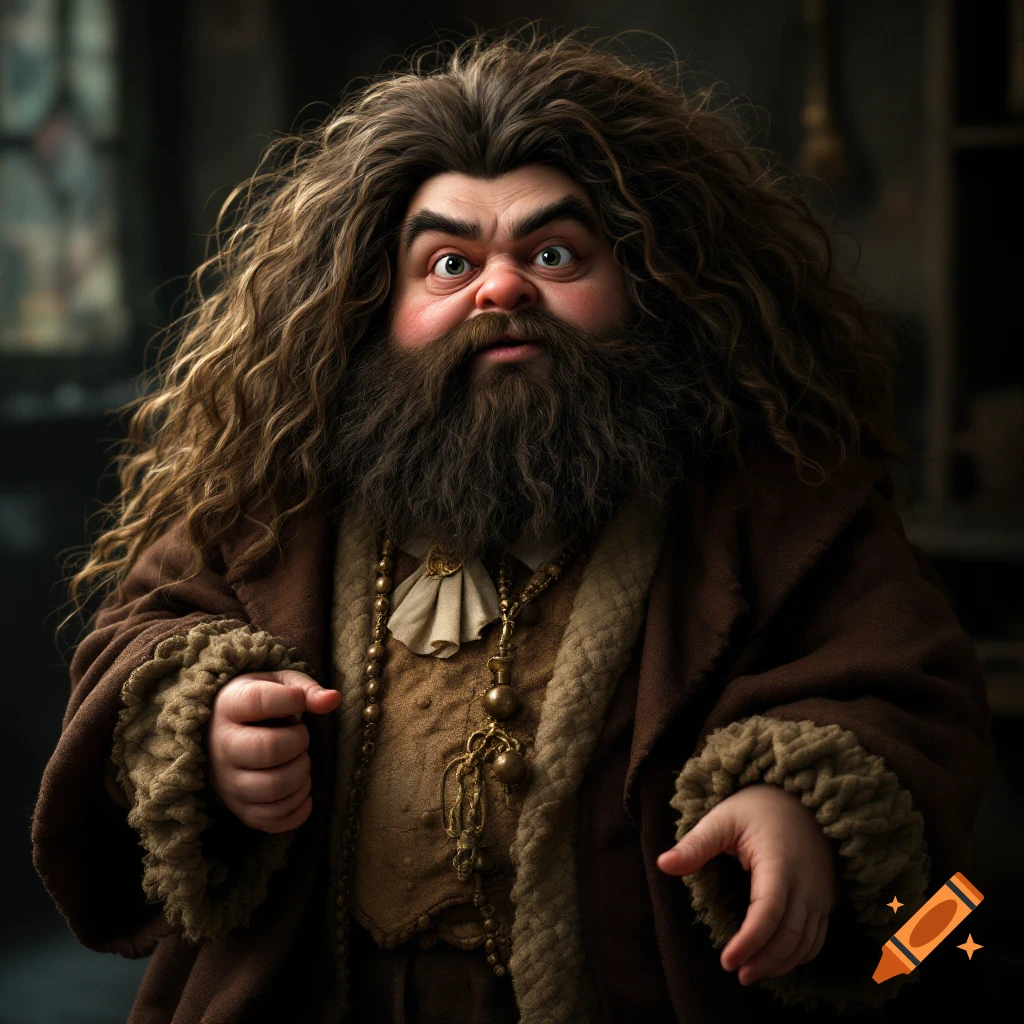 Portrait of a character resembling baby Hagrid with long hair and beard, wearing a fur-trimmed coat.