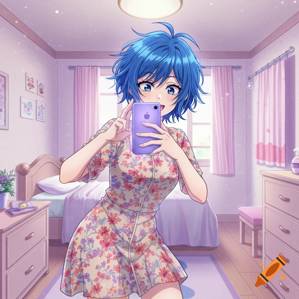 Anime girl with blue hair taking a selfie in her pink bedroom