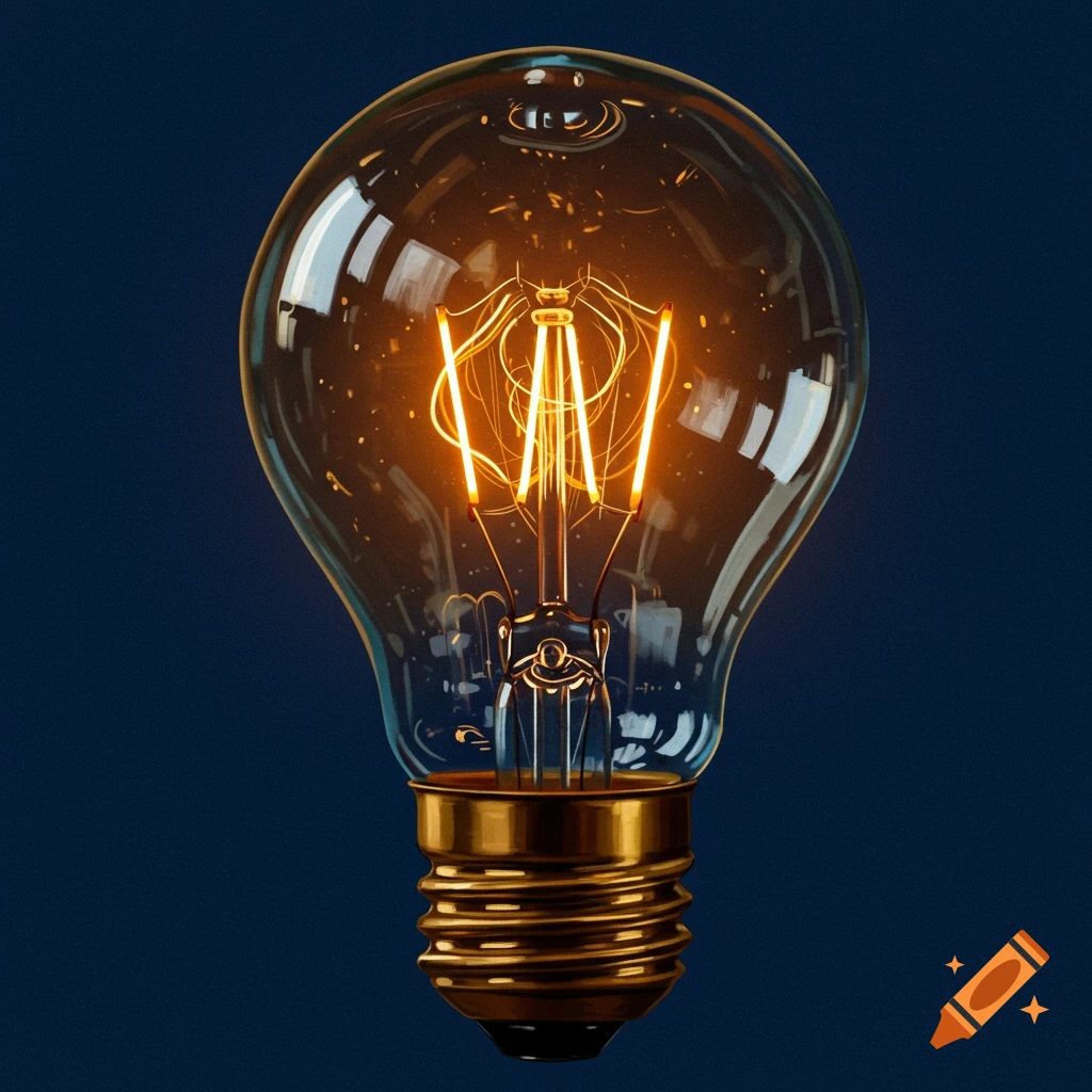 A close-up of a lit lightbulb against a dark background.