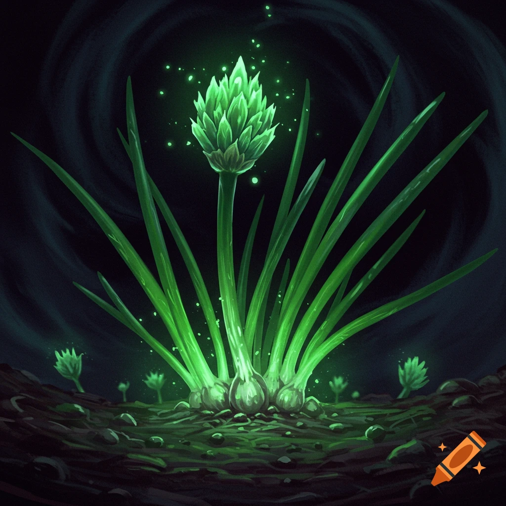 Glowing green chives in dark soil with smaller plants.