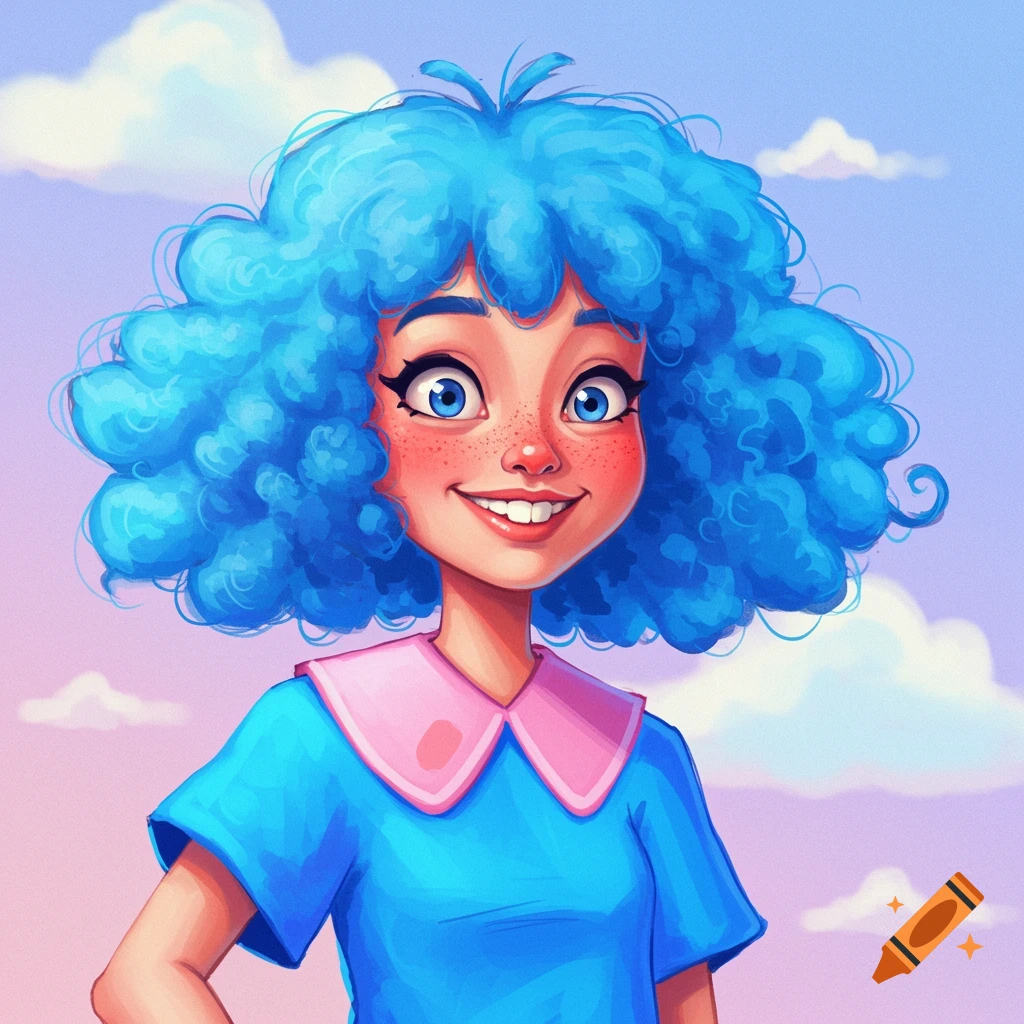 Stylized portrait of a smiling girl with bright blue curly hair and freckles.