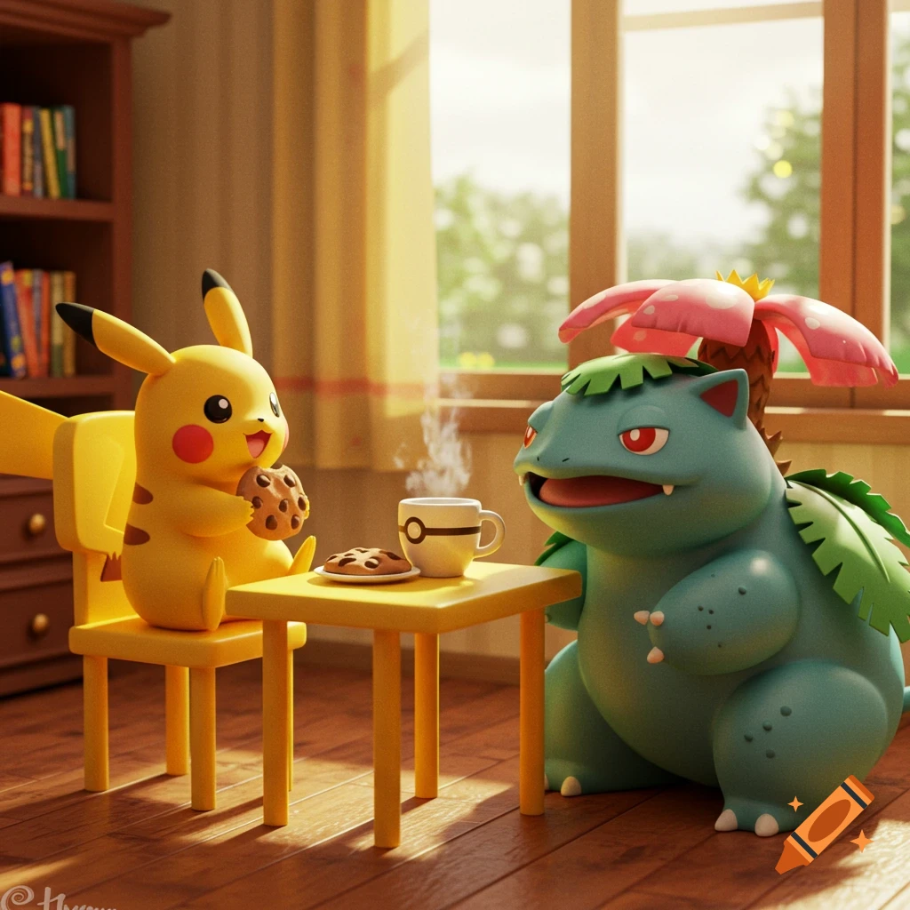 3D render of Pikachu and Venusaur having coffee and cookies at a table