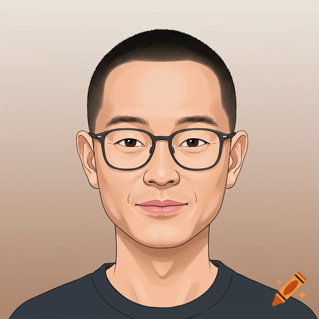 Cartoon portrait of a man with glasses and short buzz cut hair, smiling, in a flat digital illustration style.