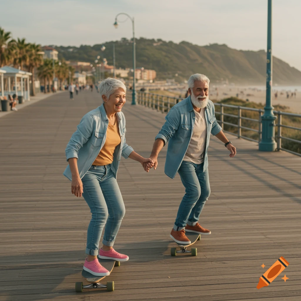 A senior couple holds hands while skateboarding on a boardwalk by the beach at sunset.