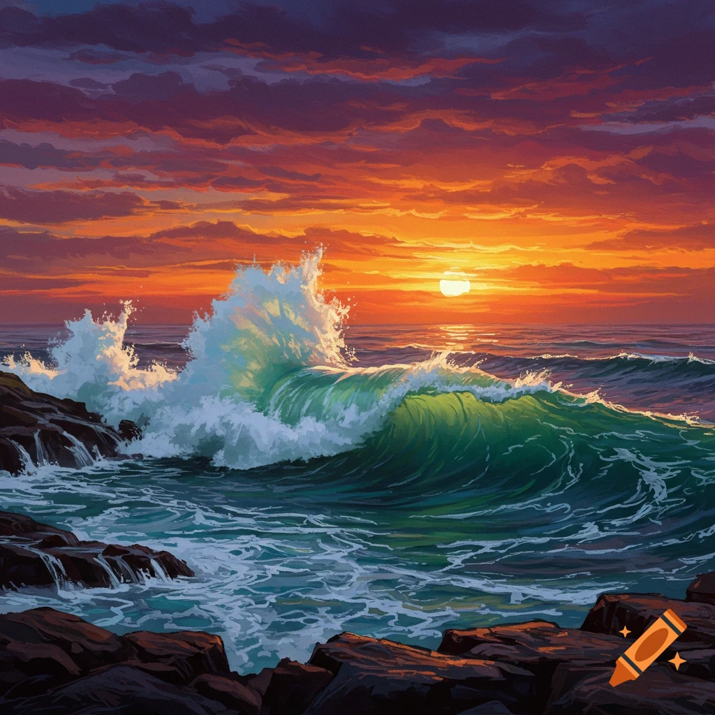 A large wave crashes onto rocks during a colorful sunset.