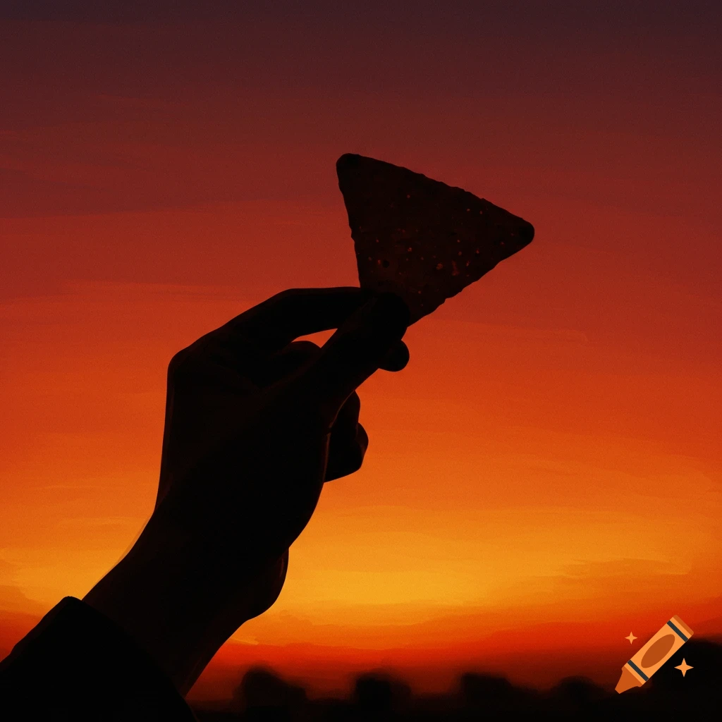 Silhouette of a hand holding a tortilla chip against a sunset.