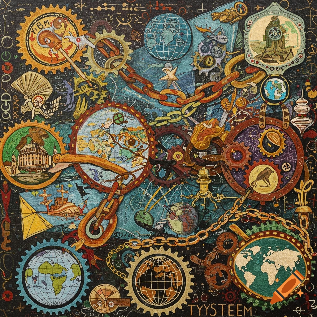 Complex symbolic image with gears, globes, chains, and assorted historical and abstract elements.