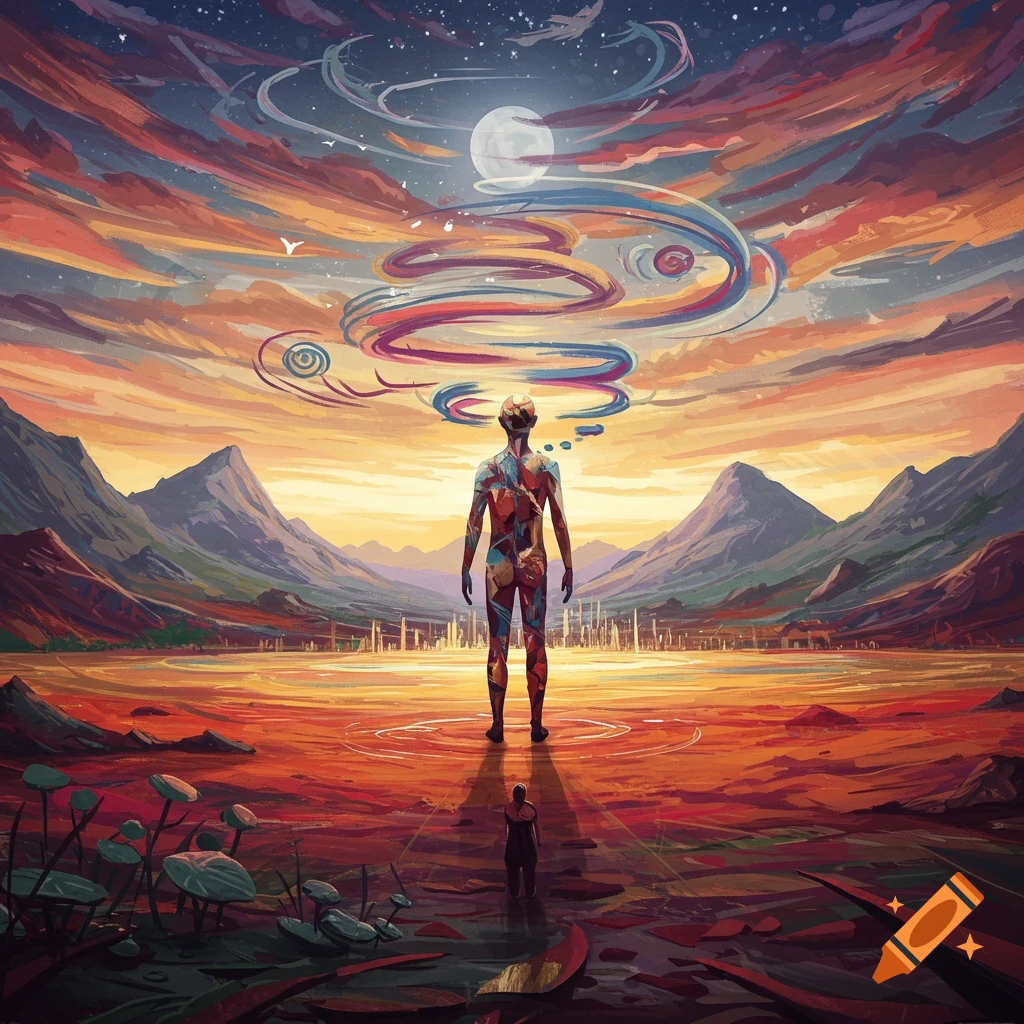 A figure in a vibrant landscape with swirling energy overhead.