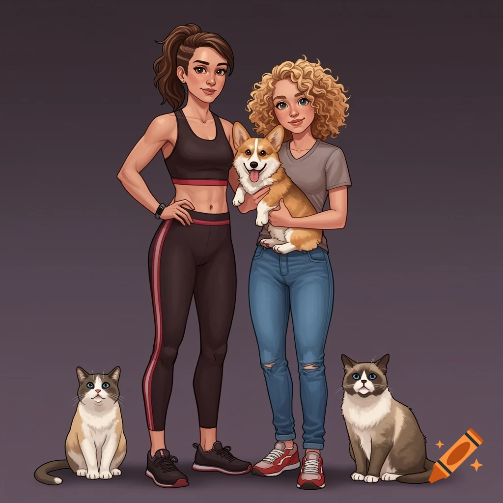 Lesbian couple with a corgi, ragdoll cat, and manx cat on Craiyon
