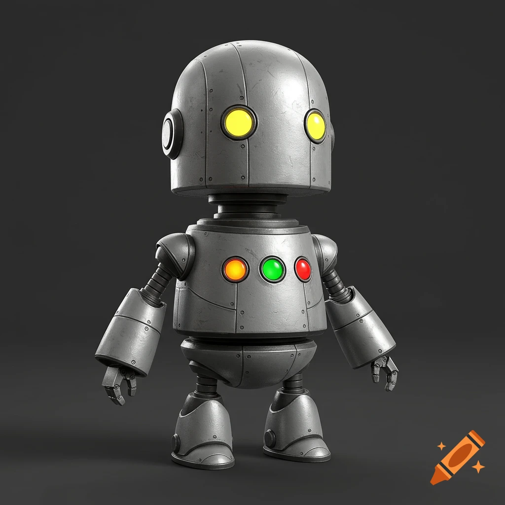 A small silver robot with large yellow eyes and three colored lights on its chest stands against a dark background.