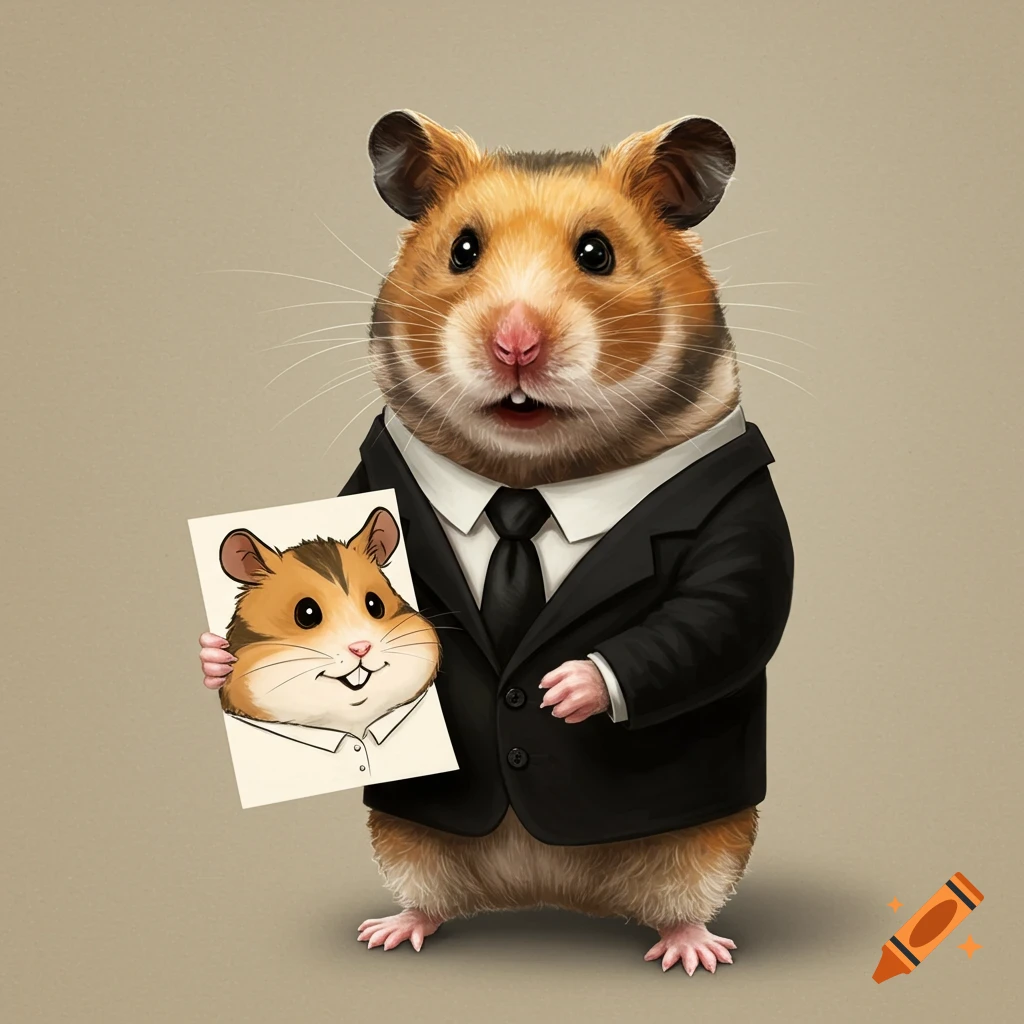 A photorealistic hamster in a suit holds up a cartoon drawing of a hamster.
