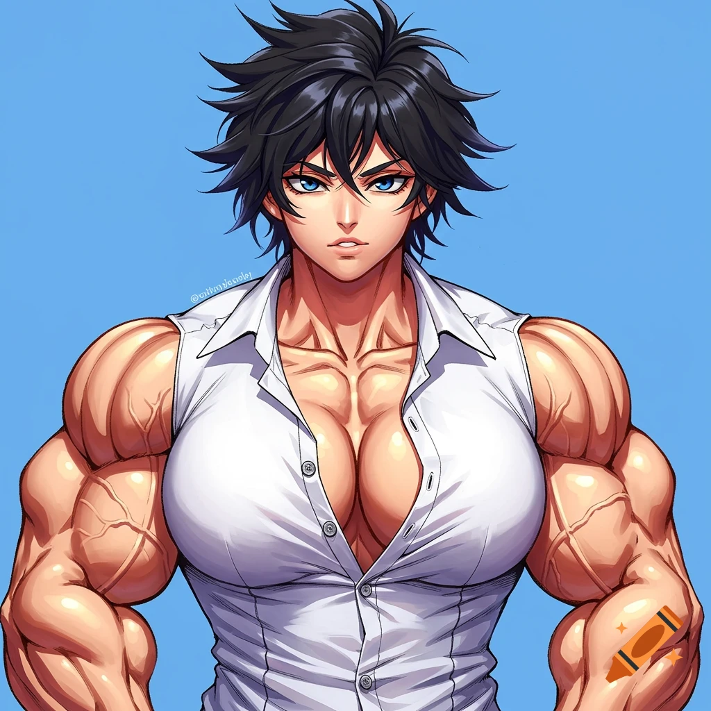 Anime drawing of a muscular woman in a white shirt with black hair and blue eyes.