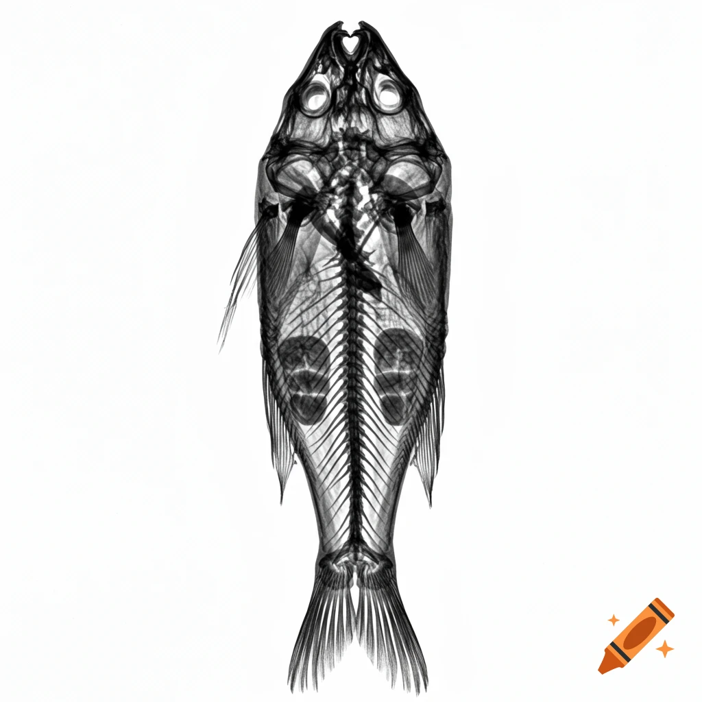 Black and white X-ray of a fish skeleton viewed from above