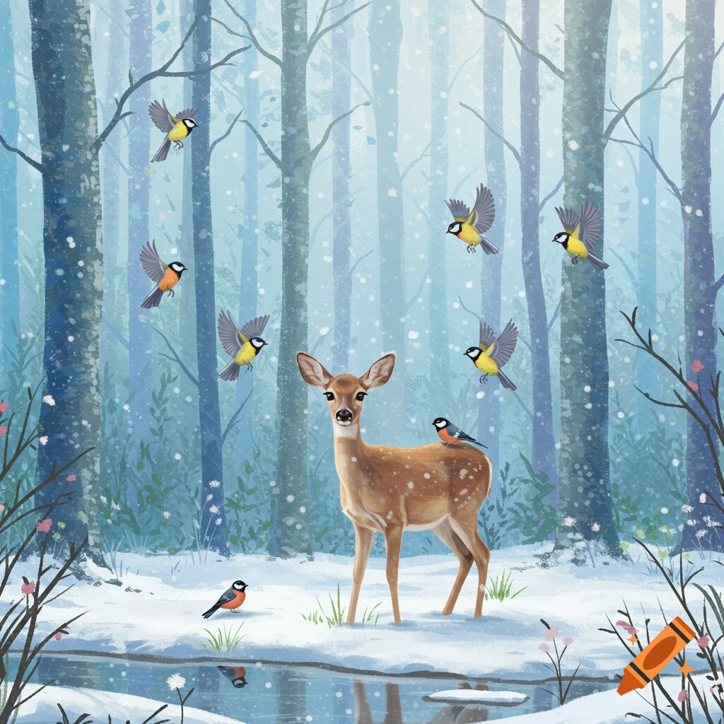 A deer with small birds in a snowy forest.