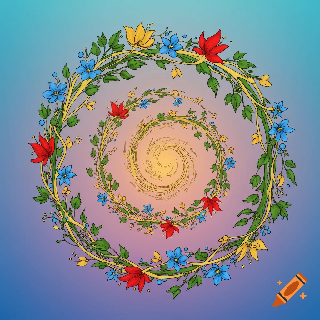 A spiral made of vines, leaves, and colorful flowers against a blue and yellow gradient background.