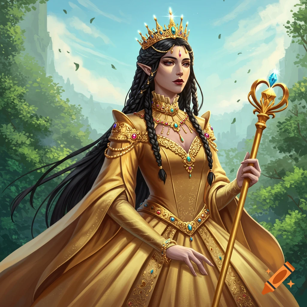 A beautiful fantasy queen in a golden dress, wearing a crown and holding a staff, standing in a forest.