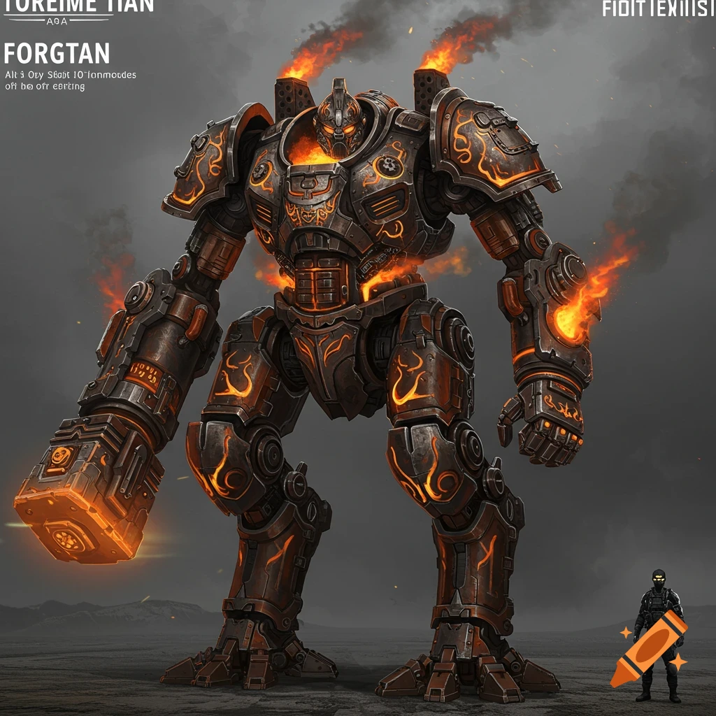A massive, dark metal mech with glowing orange flame patterns stands in a desolate landscape next to a small human figure.