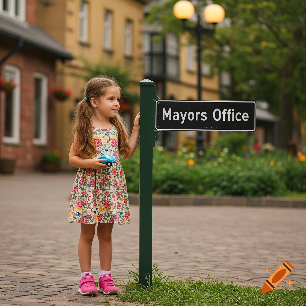 A young girl with pigtails in a floral dress stands next to a sign reading "Mayors Office" in a town square, holding a toy car.