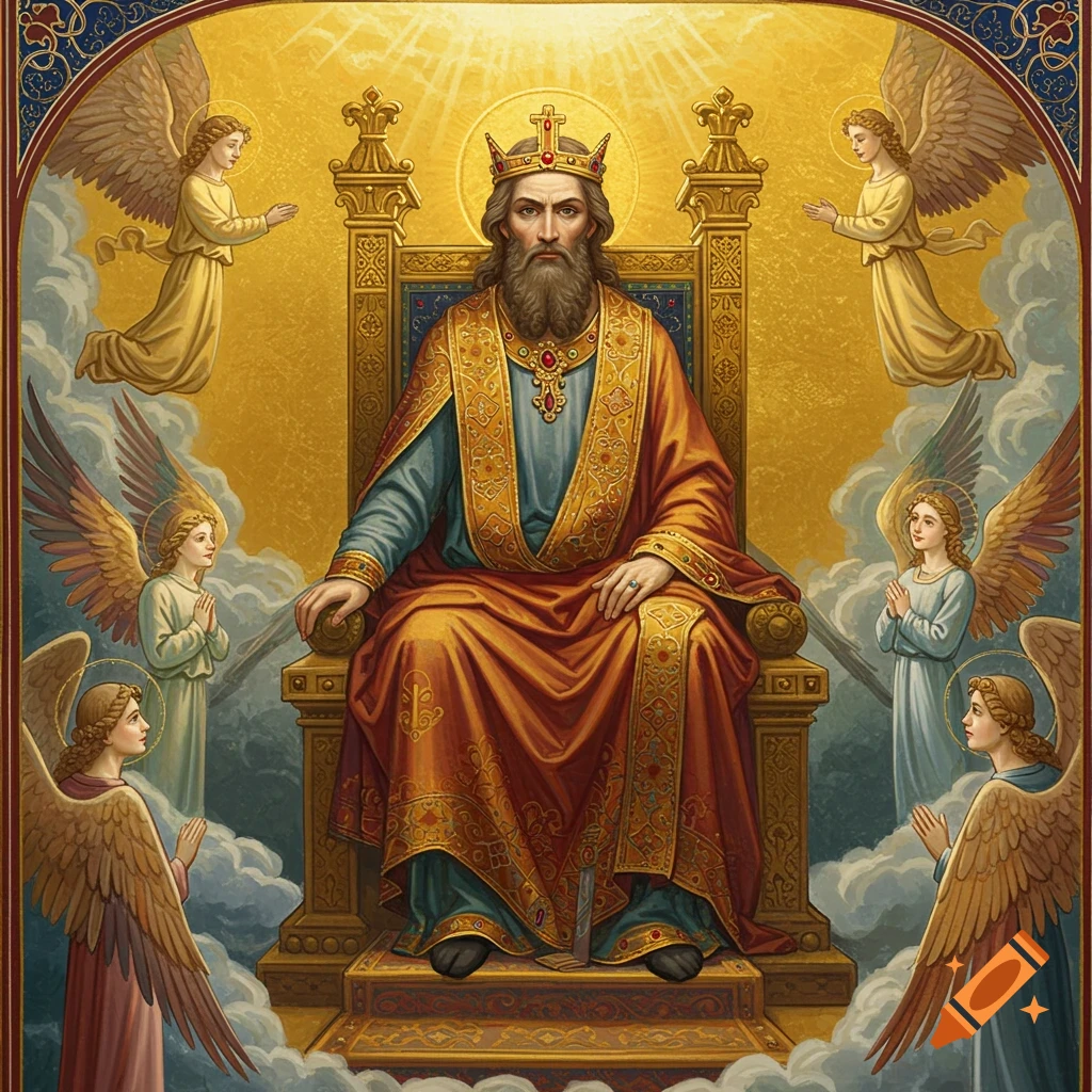 Religious painting of a bearded king on a throne surrounded by angels.