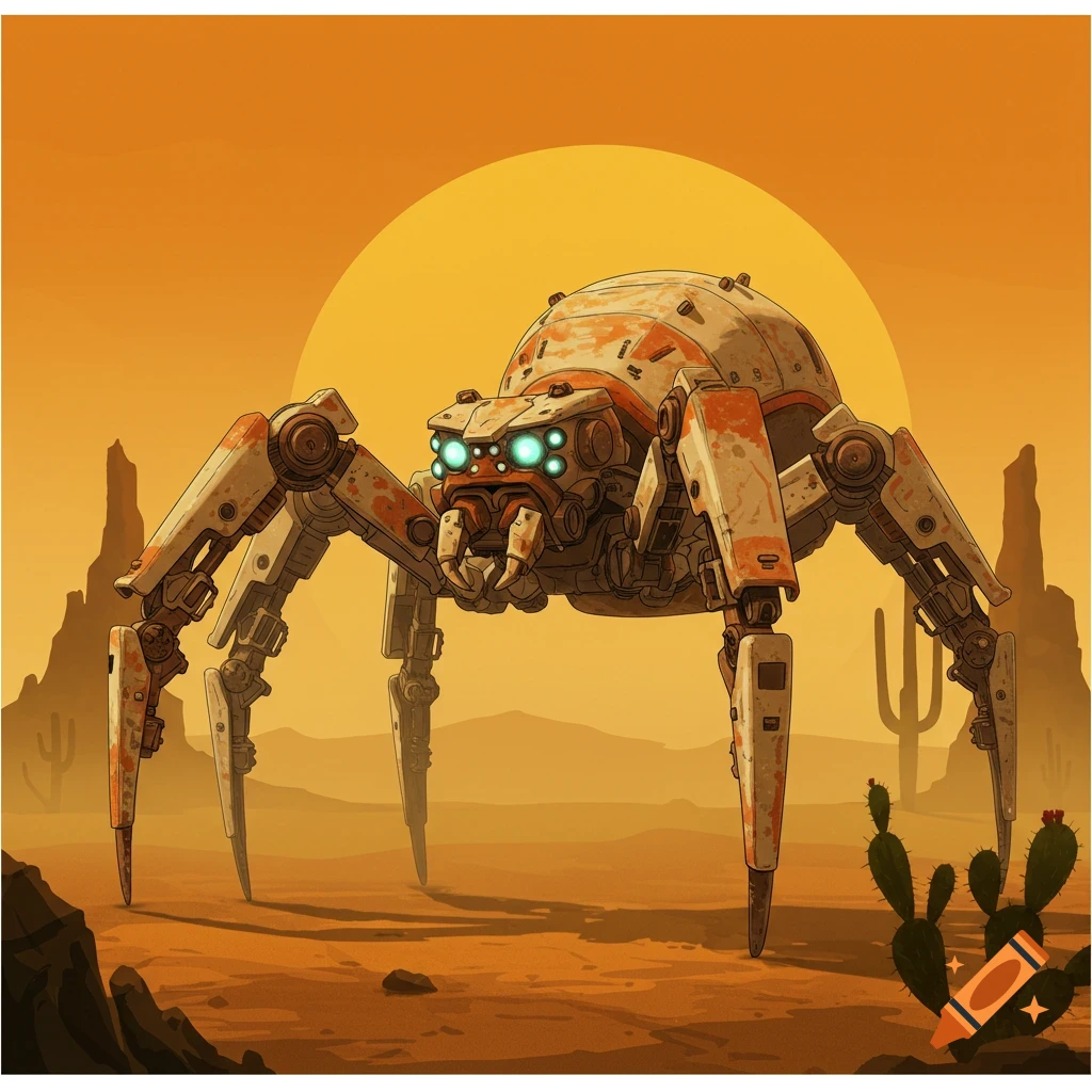 A desert-colored robot spider stands in a desert landscape with cactuses under an orange sun.