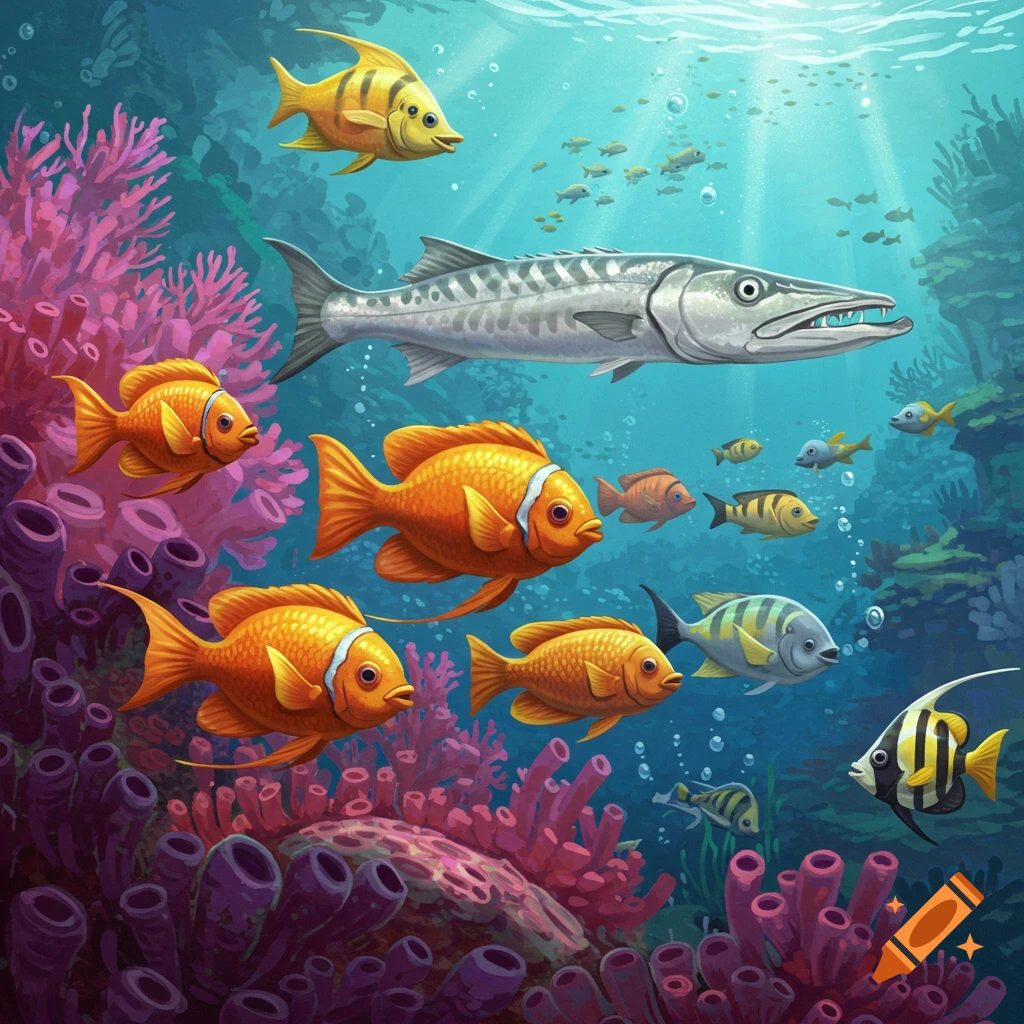 A scene shows colorful fish swimming among vibrant coral in the ocean.