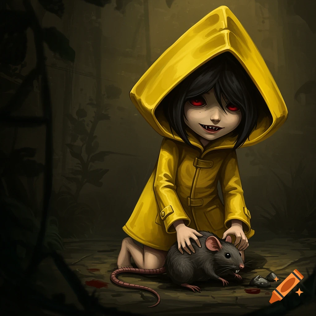 A small girl in a yellow raincoat with red eyes and sharp teeth, kneeling and holding a rat in a dark setting.
