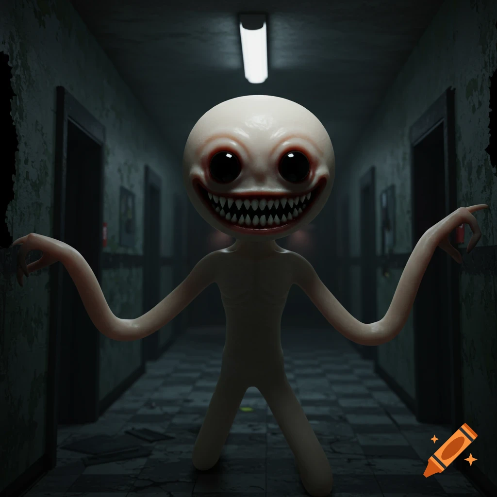 A pale, smooth-skinned creature with a wide, toothy grin and large black eyes stands in a dark, grungy hallway with its long arms outstretched.