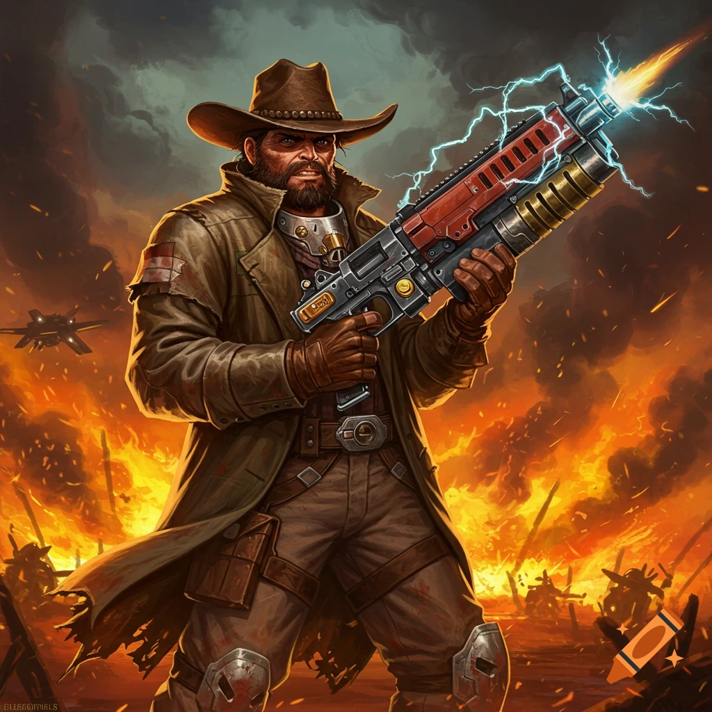 A futuristic cowboy soldier stands in a battlefield, holding a large weapon amidst fire and explosions.