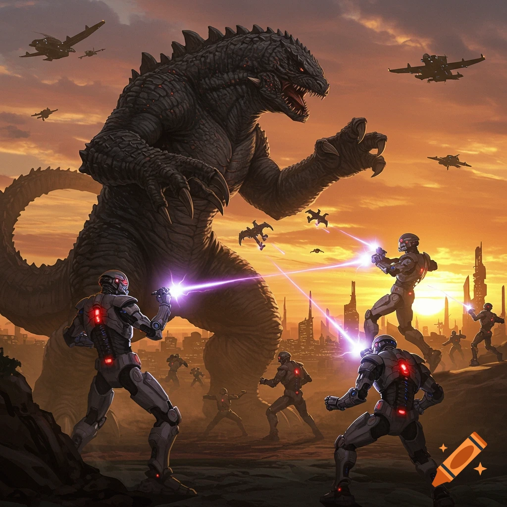 Giant Kaiju monster fights robots in a cityscape at sunset as aircraft fly overhead.