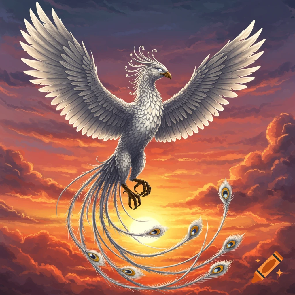 A silver phoenix flies with outstretched wings against a vibrant sunset sky.