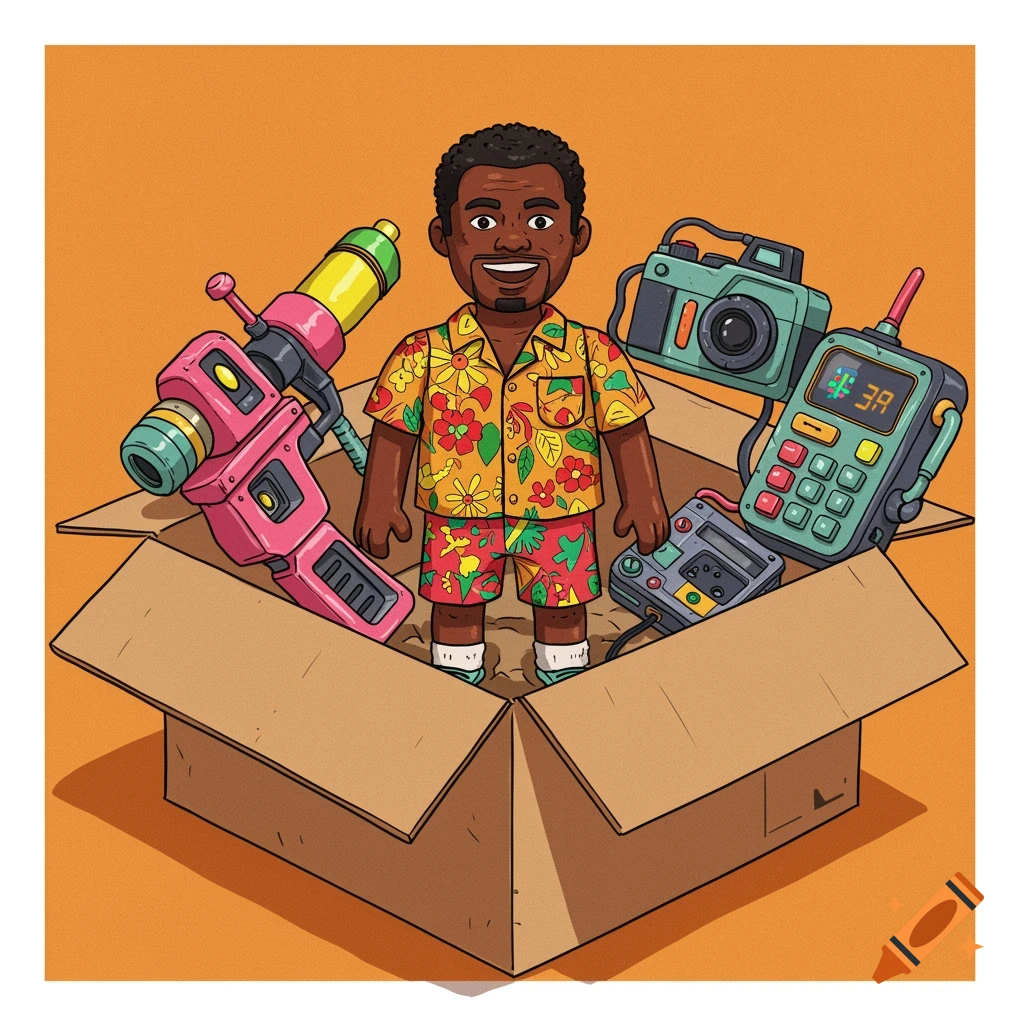 Cartoon figure in a box with retro-futuristic gadgets