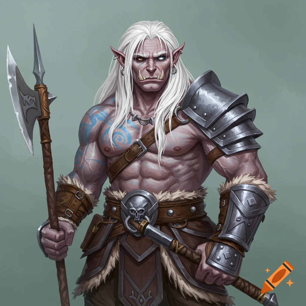 Painting of a half-orc warrior with white hair, tusks, armor, and an axe.