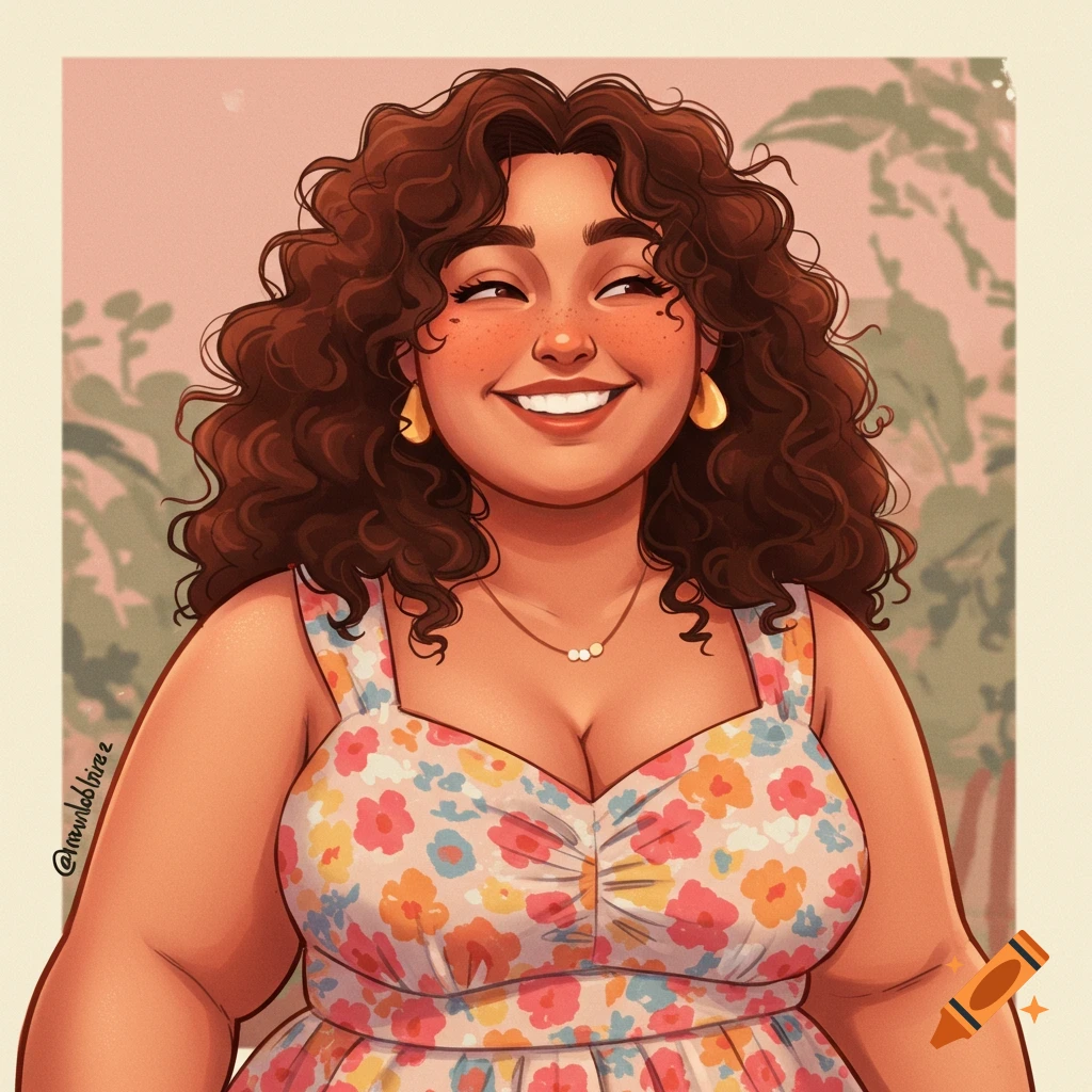 A smiling woman with curly brown hair is wearing a floral dress.