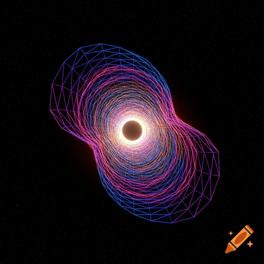 Geometric wireframe representation of a space warp or wormhole, colorful lines against a starry background.