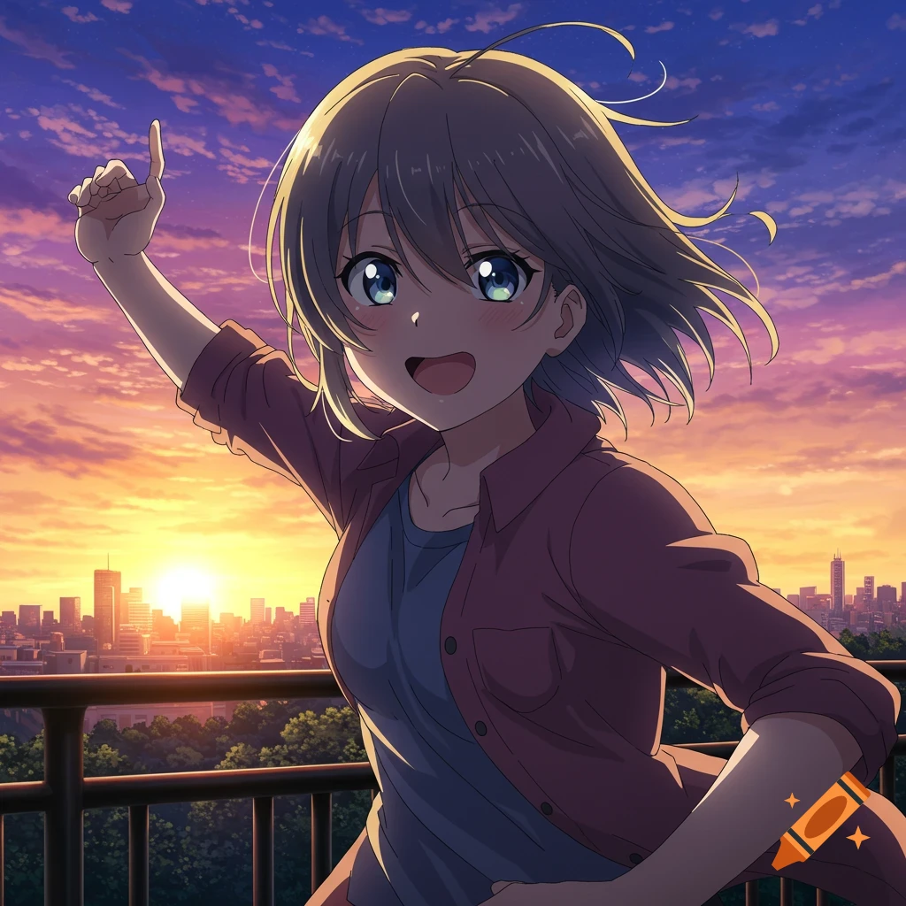 Anime portrait of a smiling girl with a city skyline at sunset.