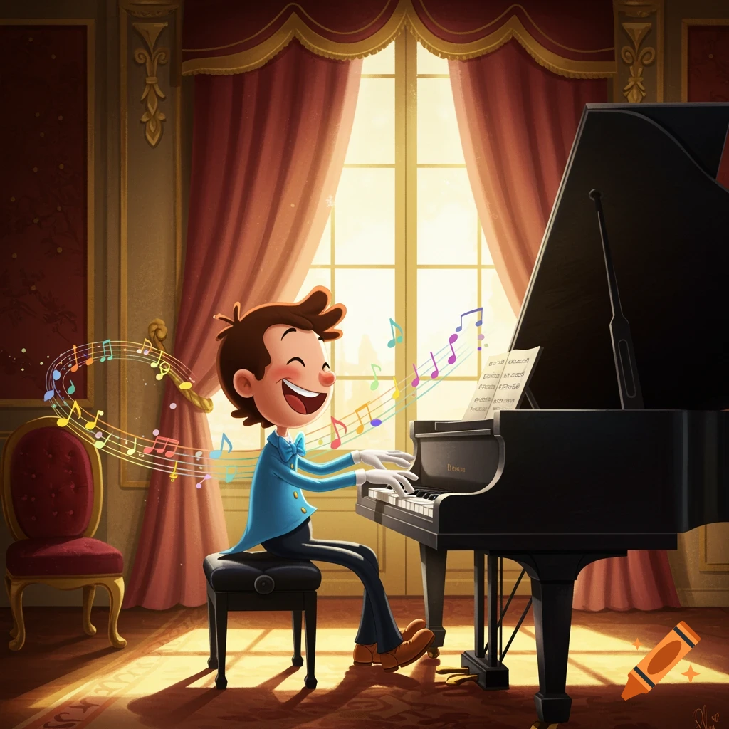 A happy cartoon boy plays a grand piano in a fancy room, with colorful music notes floating around him.