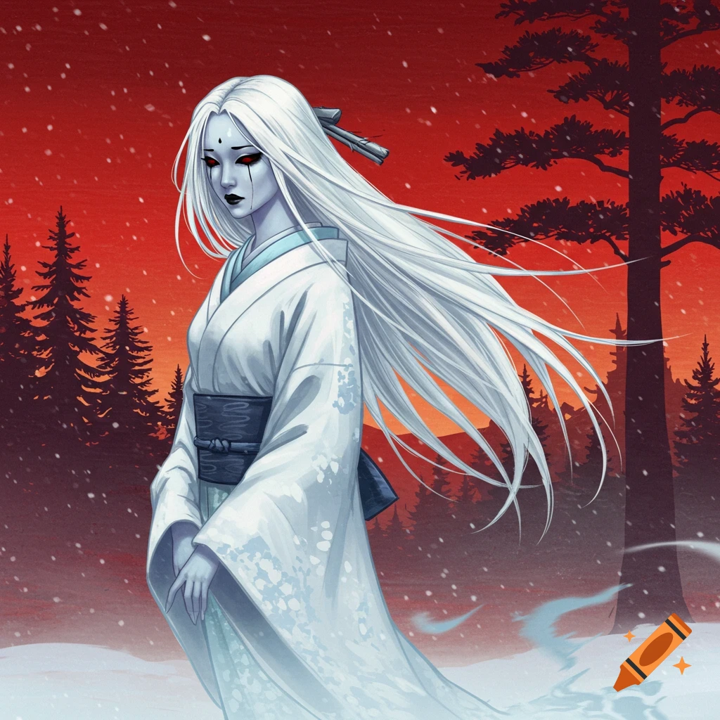 A pale figure with white hair and a kimono stands in a snowy forest.