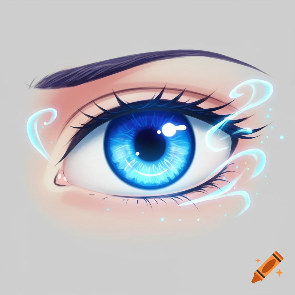 A stylized anime eye with a bright blue iris and glowing ethereal wisps.