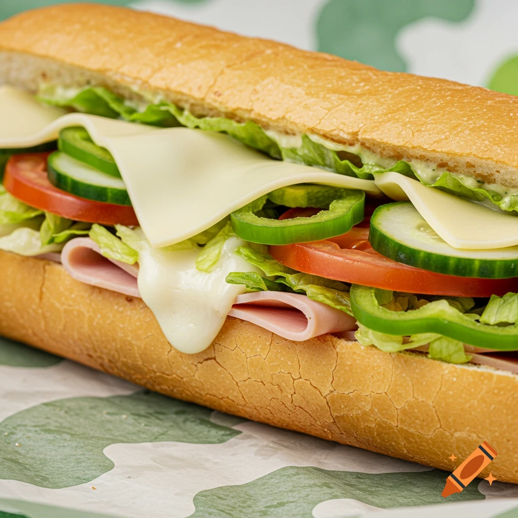 A close-up shot of a submarine sandwich filled with lettuce, tomato, cucumber, green peppers, cheese, and ham.