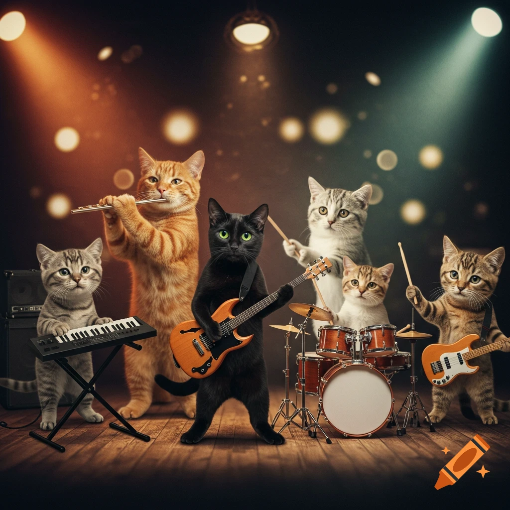 Six cats play musical instruments on a stage under spotlights, forming a band.