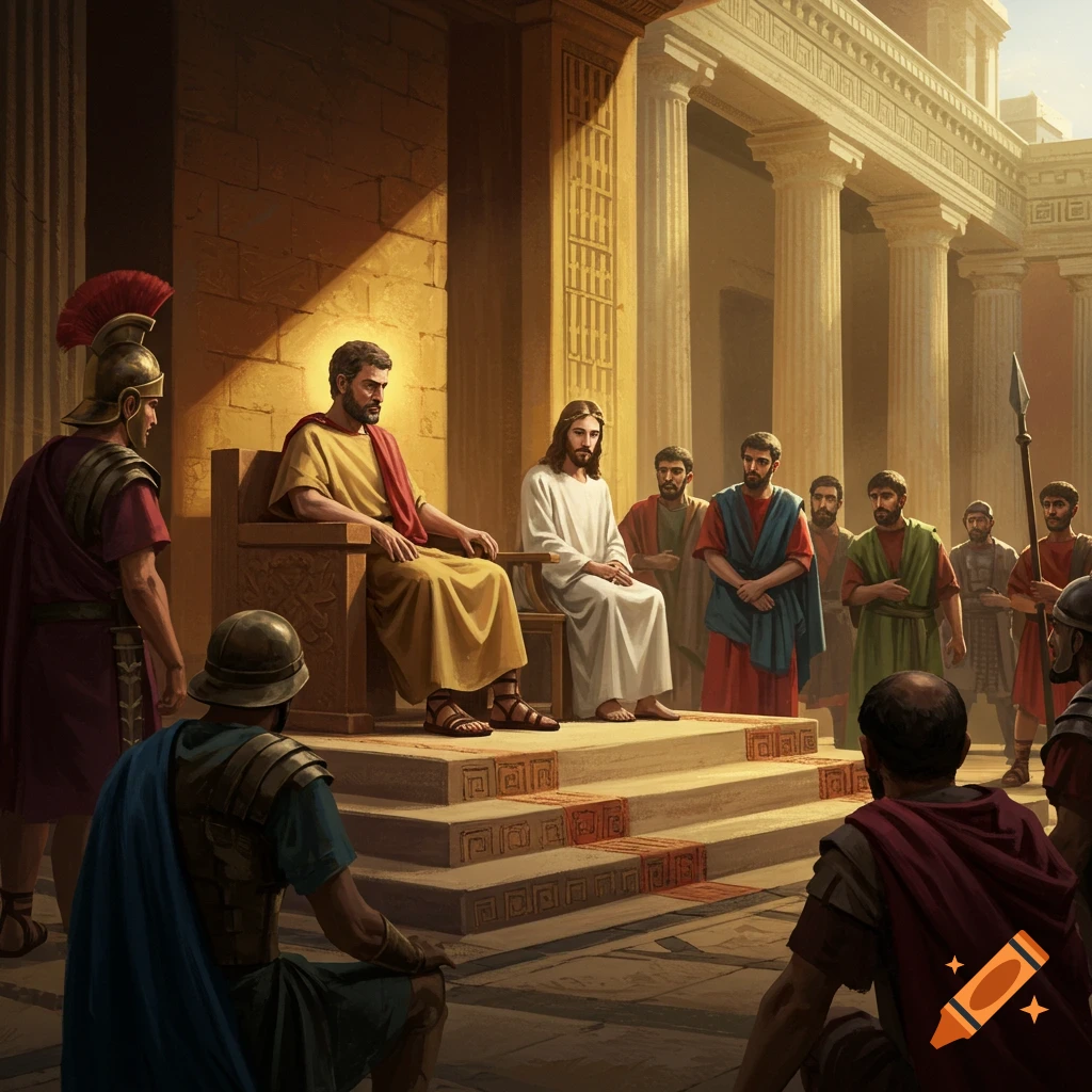 Jesus and Pilate in a Roman court