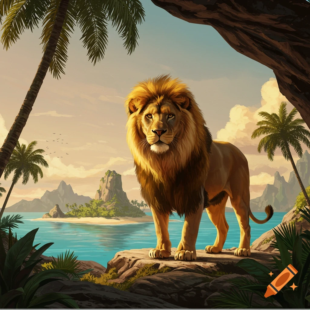A majestic lion standing on a rock overlooking the ocean on a tropical island with palm trees.