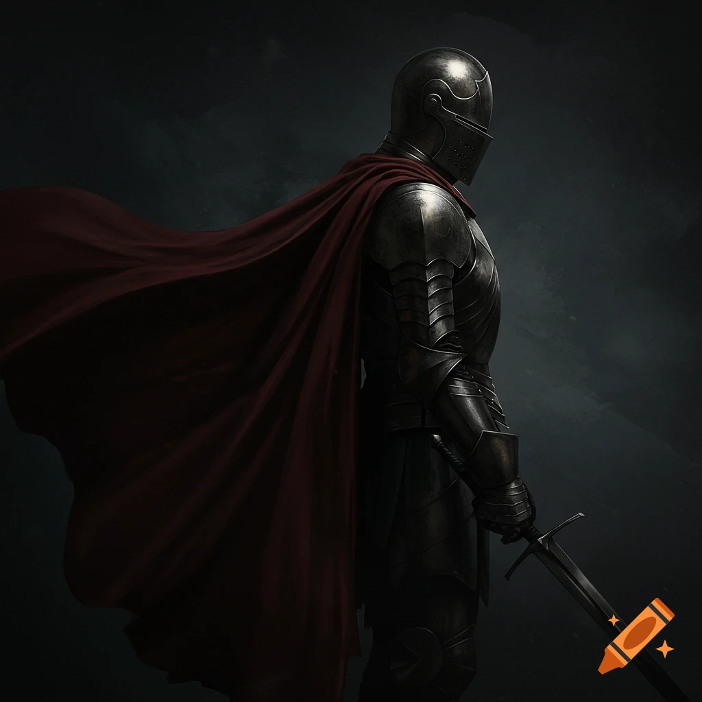 A knight in dark armor with a red cape holding a sword against a dark background.