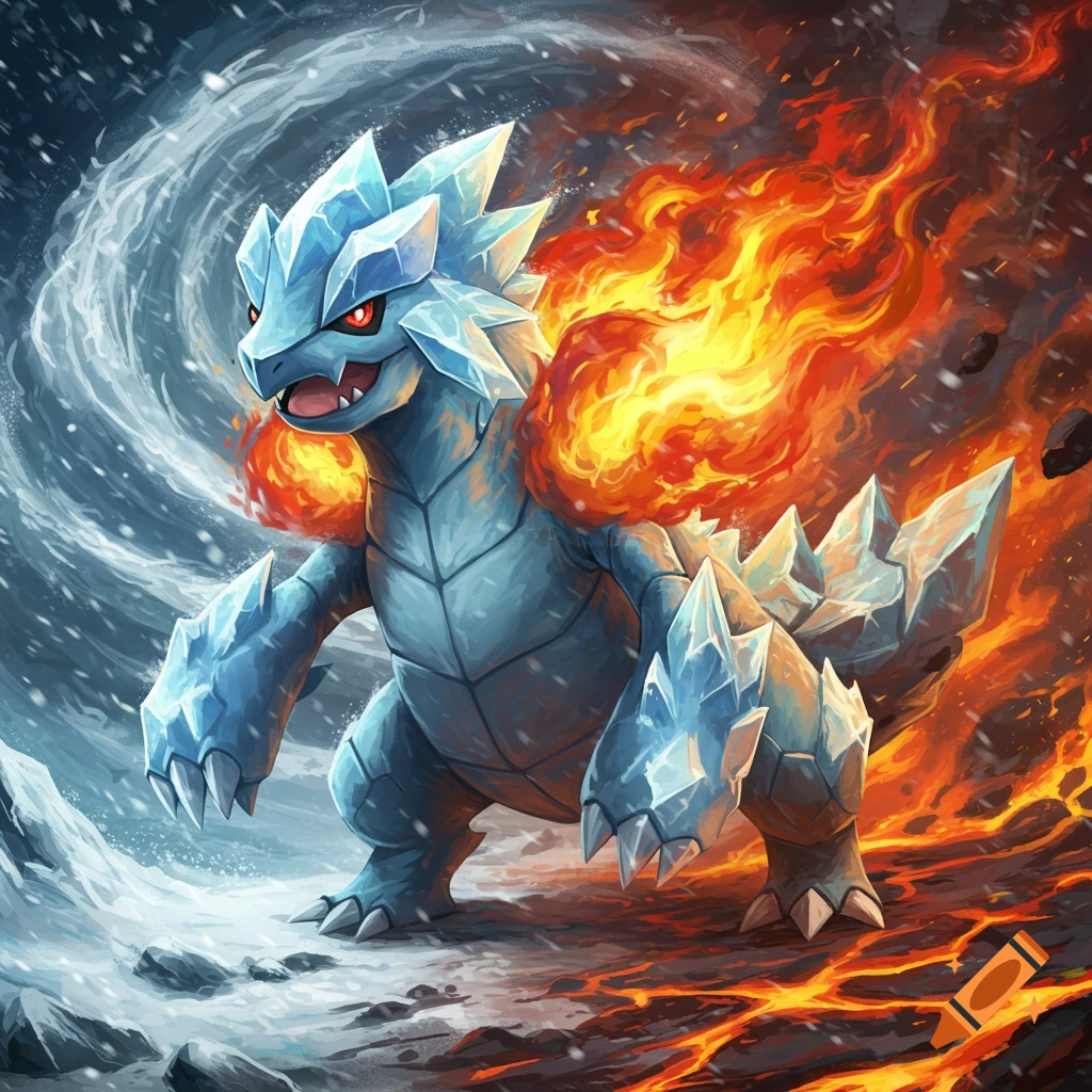 Ice and fire creature standing between snowy mountains and lava